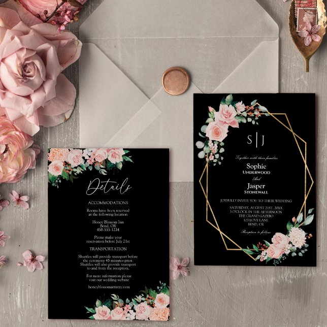 Invitation Blush Floral Noir Simple Monogramme Détails Mariag (Créateur téléchargé)
