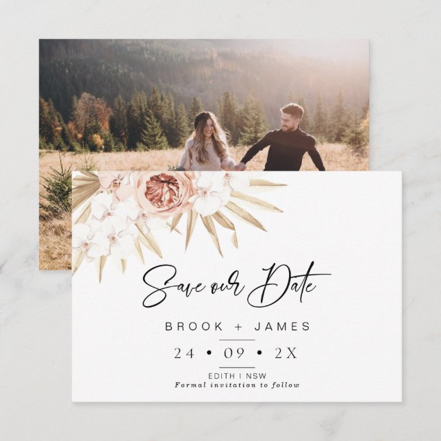 Invitation Blush Floral Palm Boho Mariage Enregistrer La Cart (Devant / Derrière)