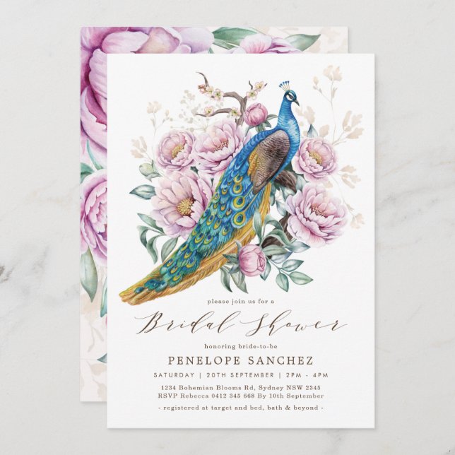 Invitation Blush Floral Peacock Chinoiserie Fête des mariées (Devant / Derrière)