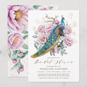 Invitation Blush Floral Peacock Chinoiserie Fête des mariées
