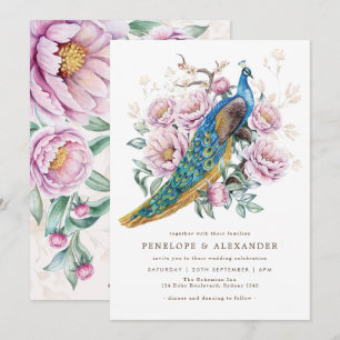 Invitation Blush Floral Peacock Chinoiserie Mariage 