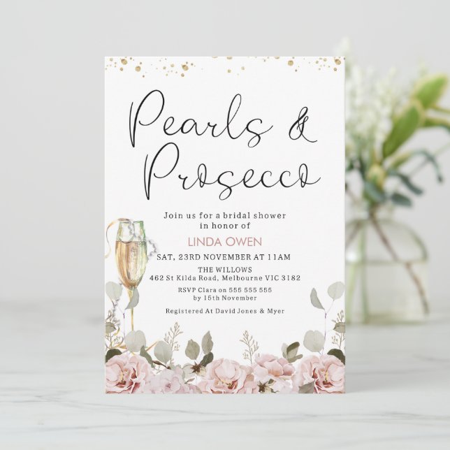 Invitation Blush Floral Pearl et Prosecco Fête des mariées (Debout devant)