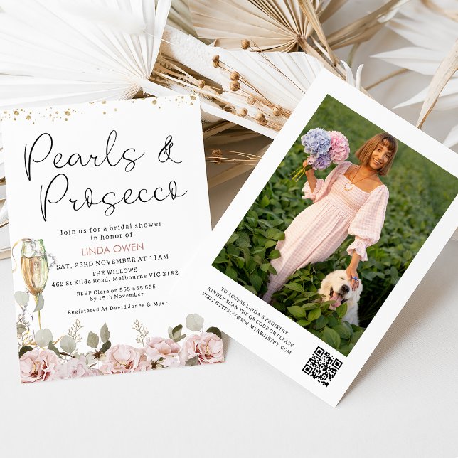 Invitation Blush Floral Pearls Prosecco QR Code Fête des mari (Boho blush floral pearls and prosecco bridal shower invitation with glass, pearls and QR code. )