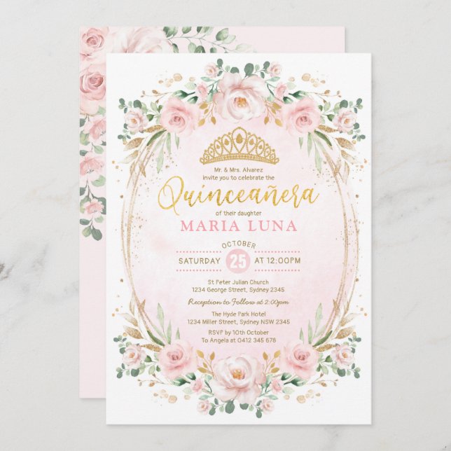Invitation Blush Floral Quinceañera Mis Quince 15e anniversai (Devant / Derrière)