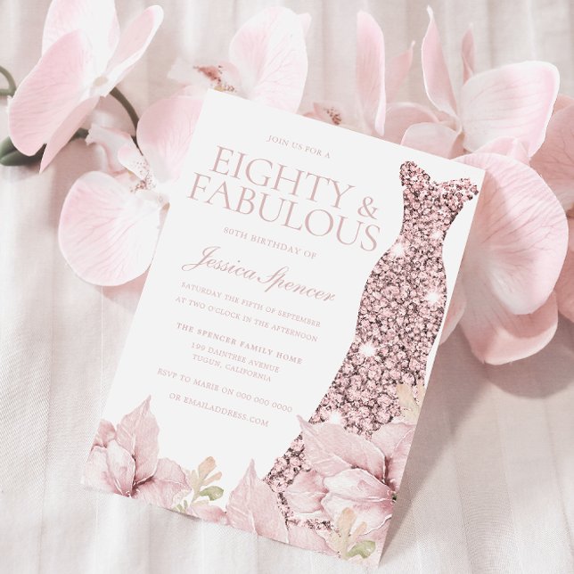 Invitation Blush Floral & Robe Parties scintillant 80e fête d (Créateur téléchargé)