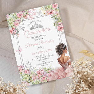 Invitation Blush Floral Rose et Papillon Vert Quinceañera