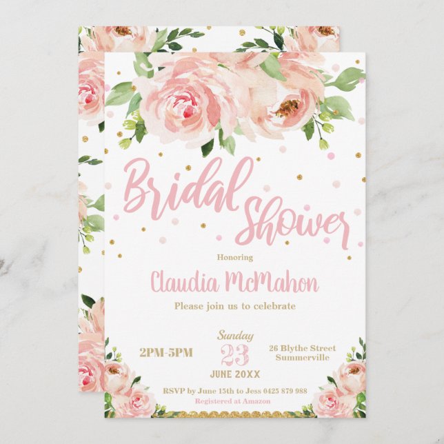 Invitation Blush Floral Rose Fête des mariées rose et or (Devant / Derrière)