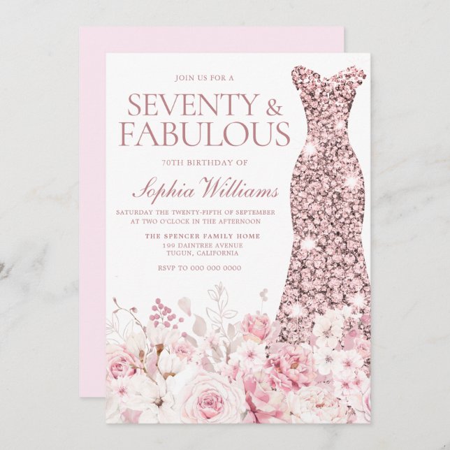 Invitation Blush Floral & Rose Gold Dress 70th Birthday Party (Devant / Derrière)