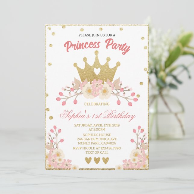 Invitation Blush Floral Royal Crown Princess Anniversaire (Debout devant)
