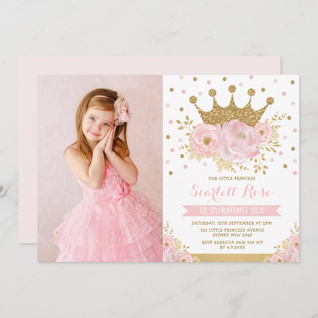 Invitation Blush Floral Royal Crown Princess Anniversaire (Devant / Derrière)