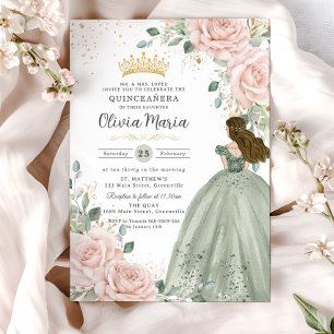 Invitation Blush Floral Sage Green Princesse Gown Quinceañera