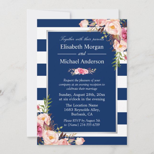 Invitation Blush Floral Silver Navy Blue Stripes Mariage (Devant)