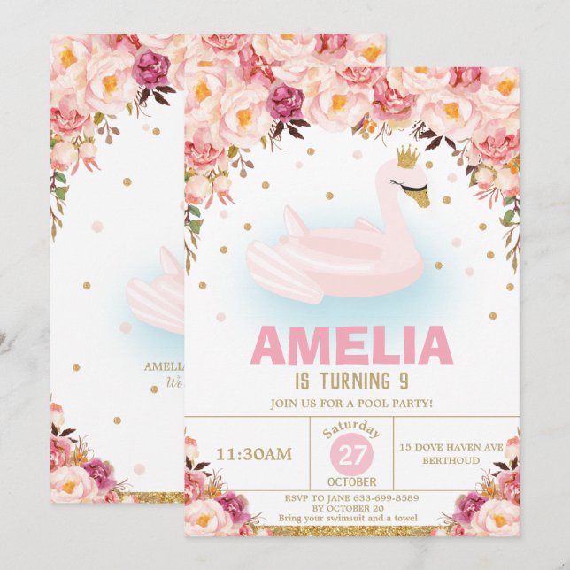 Invitation Blush Floral Swan Princess Pool Anniversaire (Devant / Derrière)