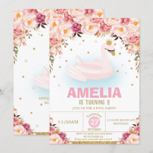 Invitation Blush Floral Swan Princess Pool Anniversaire