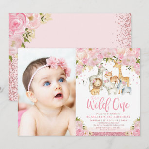 Invitation Blush Floral Wild Safari Animaux Fille 1er Anniver