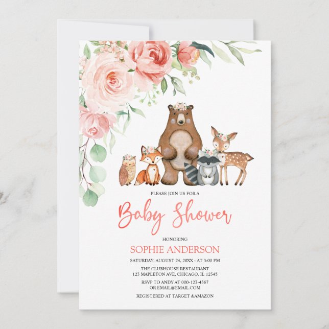 Invitation Blush Floral Woodland Animaux Fille Baby shower (Devant)