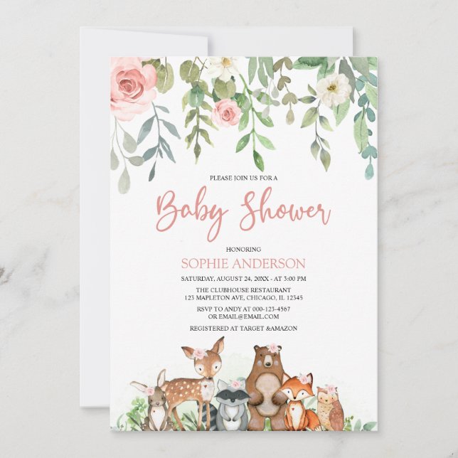 Invitation Blush Floral Woodland Animaux Fille Baby shower (Devant)