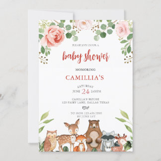 Invitation Blush Floral Woodland Baby shower fille