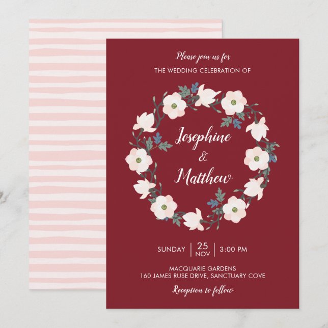 Invitation Blush Floral Wreath Bugundy Mariage (Devant / Derrière)