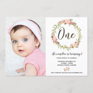 Invitation Blush Floral Wreath ONE 1st Birthday Girl Photo
