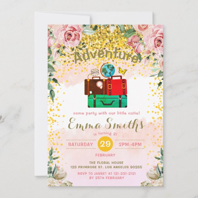 Invitation Blush Florals Adventure commence à Anniversaire Ba (Devant)