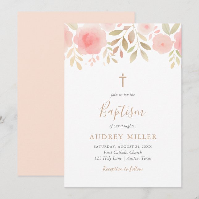 Invitation Blush Florals Cross Baptism (Devant / Derrière)