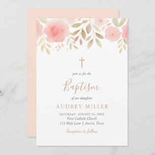 Invitation Blush Florals Cross Baptism