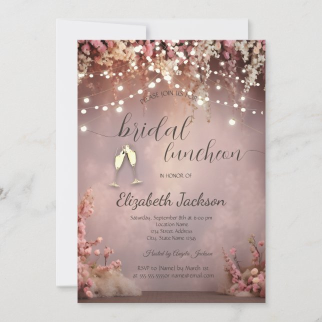 Invitation Blush Flowers String Lights Champagne Wedding (Devant)