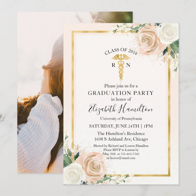 Invitation Blush & Foil Gold Nuring School Grad Party Photo (Devant / Derrière)