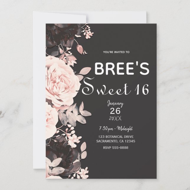 Invitation Blush Foncé Floral Rose Charbon Gris Sweet 16 (Devant)