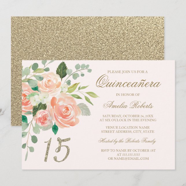 Invitation Blush Glitter Doré Fleur de Pêcher Quinceanera (Devant / Derrière)