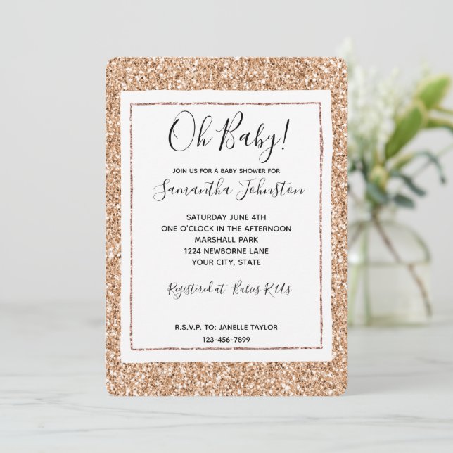 Invitation Blush Glitter Glitz Rose Gold Peach (Debout devant)