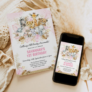 Invitation Blush Gold Boho Jungle Wild Un 1er anniversaire fi