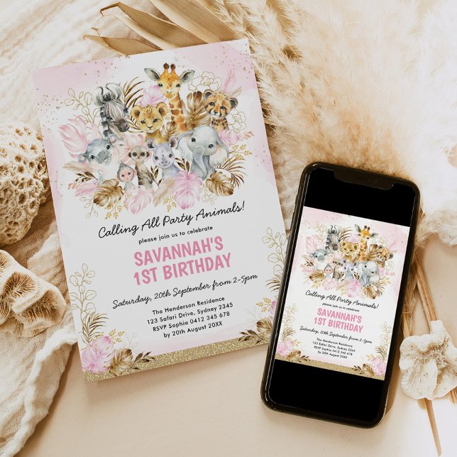 Invitation Blush Gold Boho Jungle Wild Un 1er anniversaire fi (Créateur téléchargé)