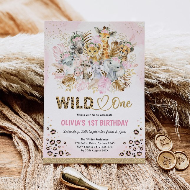 Invitation Blush Gold Boho Safari Animaux Sauvage Un Annivers (Créateur téléchargé)