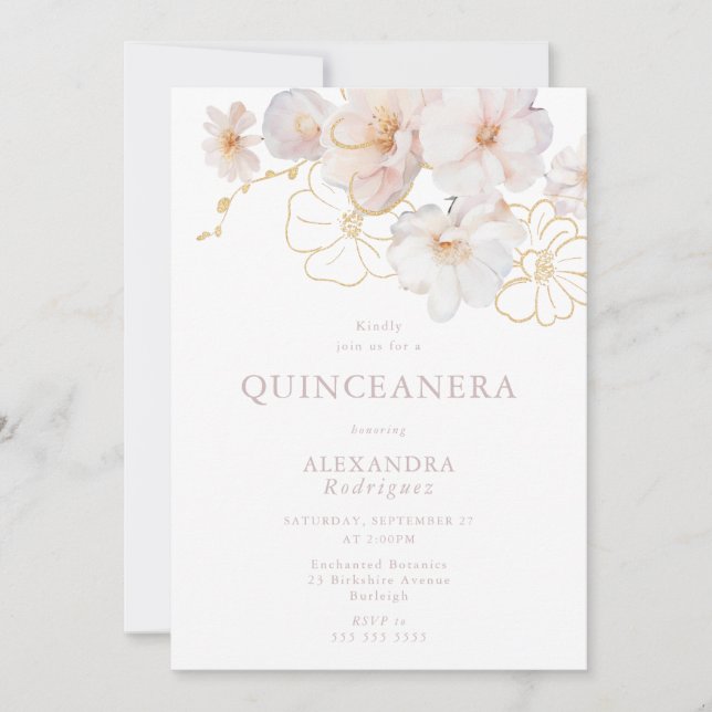 Invitation Blush & Gold Fleurs sauvages Elegant Quinceanera (Devant)
