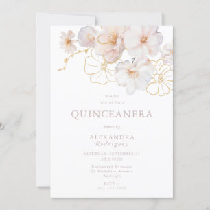 Invitation Blush & Gold Fleurs sauvages Elegant Quinceanera