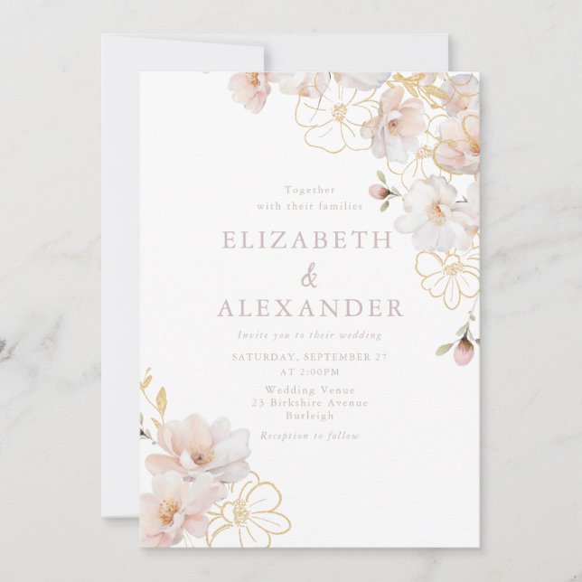 Invitation Blush & Gold Fleurs sauvages Mariage élégant (Devant)