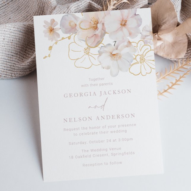 Invitation Blush & Gold Fleurs sauvages Mariage élégant (Créateur téléchargé)