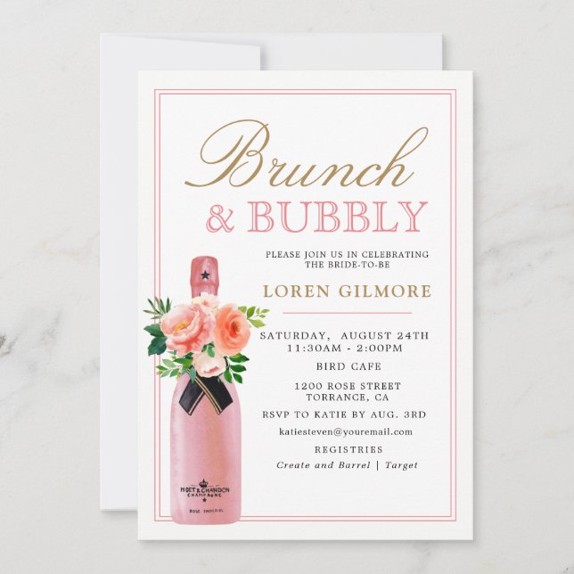 Invitation Blush Gold Floral Brunch et Fête des mariées Bubbl (Devant)