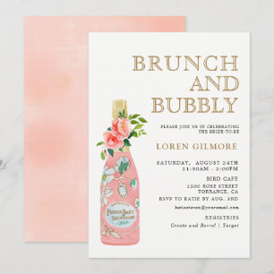 Invitation Blush Gold Floral Brunch et Fête des mariées Bubbl