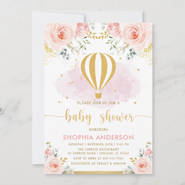 Invitation Blush Gold Floral Hot Air Balloon Girl Baby shower (Devant)
