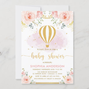 Invitation Blush Gold Floral Hot Air Balloon Girl Baby shower