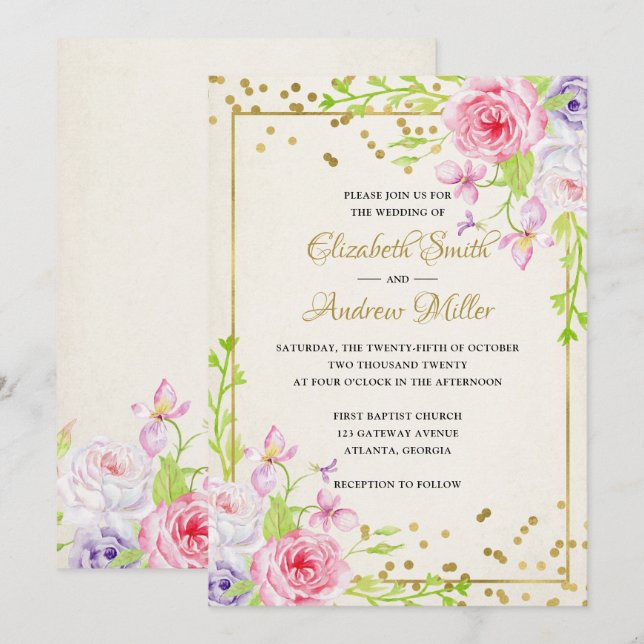 Invitation Blush Gold Floral moderne Gold Frame Mariage Invit (Devant / Derrière)