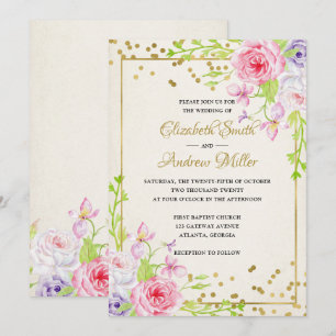 Invitation Blush Gold Floral moderne Gold Frame Mariage Invit
