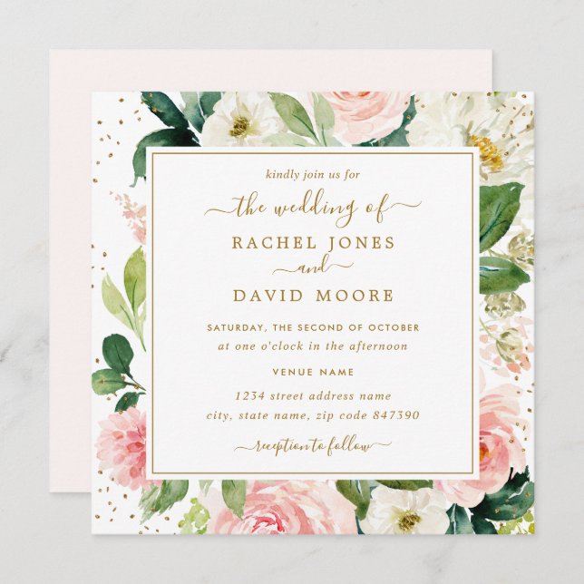 Invitation Blush Gold Floral Watercolor Mariage (Devant / Derrière)