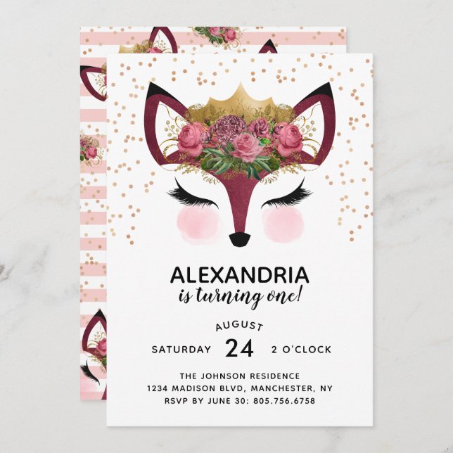 Invitation Blush & Gold Fox Princess Anniversaire (Devant / Derrière)