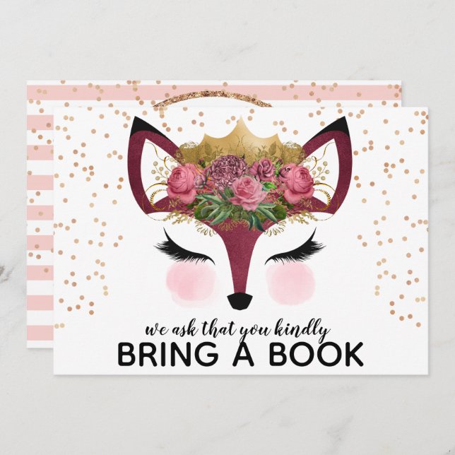 Invitation Blush & Gold Fox Princess Apportez Un Livre (Devant / Derrière)