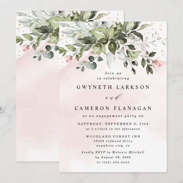 Invitation Blush Gold Green Dusty Blue Engagement Party (Devant / Derrière)