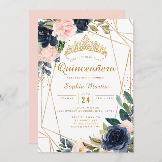 Invitation Blush Gold Navy Floral géométrique Quinceanera (Devant / Derrière)